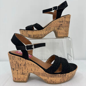 Black Wedge Heel Platform Sandals Pop Comfort Strappy Cork Chunky Retro Y2K Sz 6